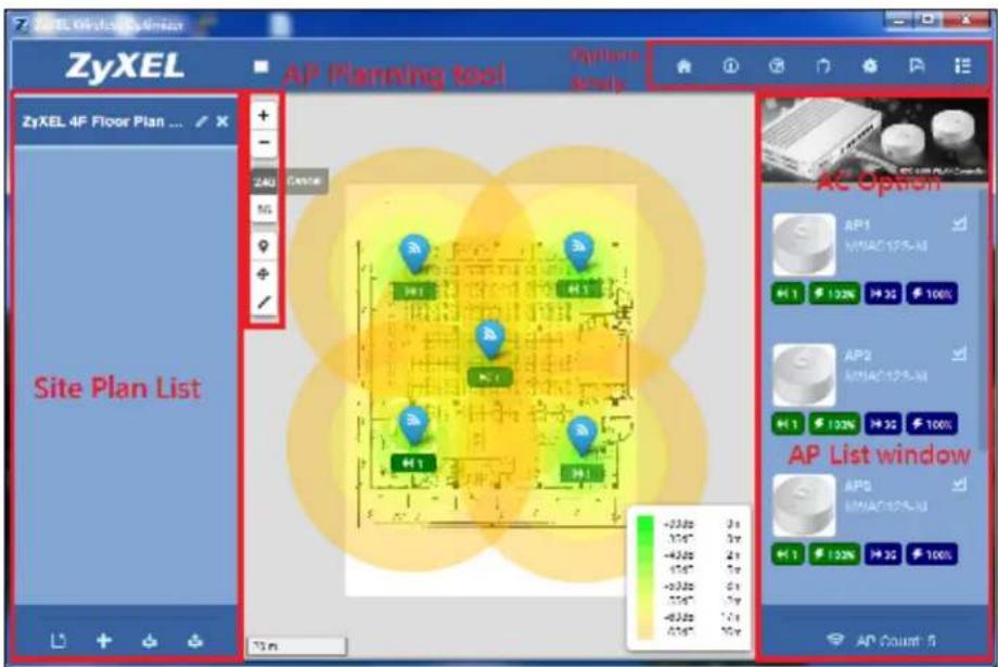 ZyXEL ZyXEL 4F Floor Plan ... Site Plan List AP Planning tool Options Help AC Option AP1 M3AC125-M H:1 132% H:32 100% AP2 M3AC125-M H:1 132% H:32 100% AP List window APD M3AC125-M H:1 132% H:32 100% AP Count: 5