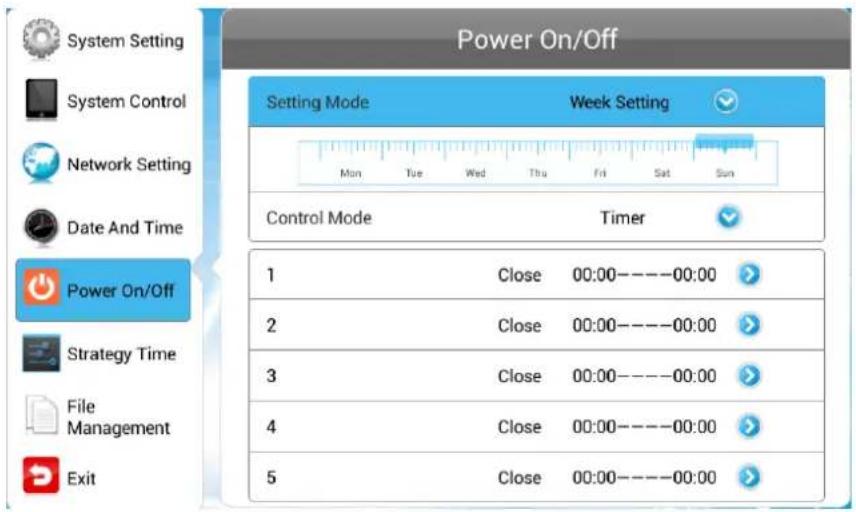 Power On/Off Setting Mode Week Setting Mon Tue Wed Thu Fri Sat Sun Control Mode Timer 1 Close 00:00----00:00 2 Close 00:00----00:00 3 Close 00:00----00:00 4 Close 00:00----00:00 5 Close 00:00----00:00 System Setting System Control Network Setting Date And Time Power On/Off Strategy Time File Management Exit