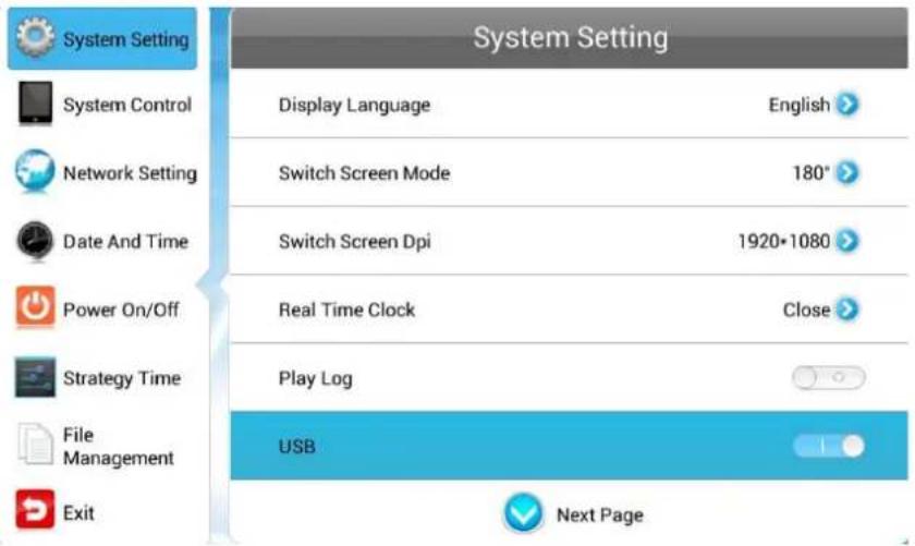 System Setting Display Language English Switch Screen Mode 180° Switch Screen Dpi 1920-1080 Real Time Clock Close Play Log USB Exit Next Page