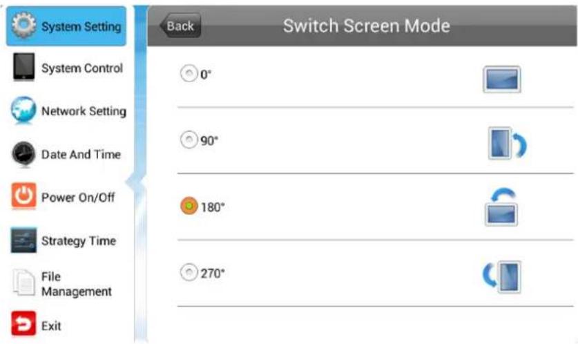System Setting Back Switch Screen Mode System Control 0° Network Setting 90° Date And Time Power On/Off 180° Strategy Time 270° File Management Exit