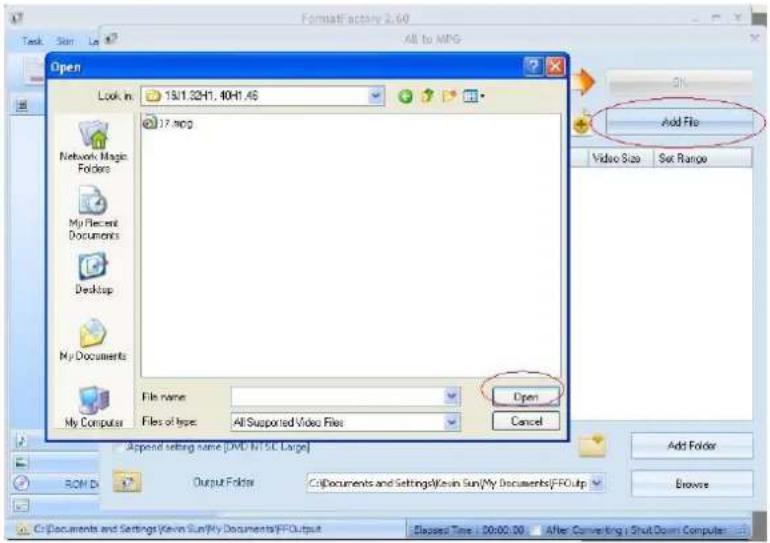 Format1\Active 2.60 Task Sun Lo All to MPG Open Look in 13/1.32-1.40-1.46 17.mpg Add File Video Size Set Range Network Magic Folders My Recent Documents Desktop My Documents My Computer File name: Files of types: All Supported Video Files Open Cancel Append setting name [DVD NTSC Large] Output Folder C:\Documents and Settings\Kevin Sun\My Documents\FFOutput Classed Time: 30:00:00 After Connecting - Shut Down Computer Add Folder Browse