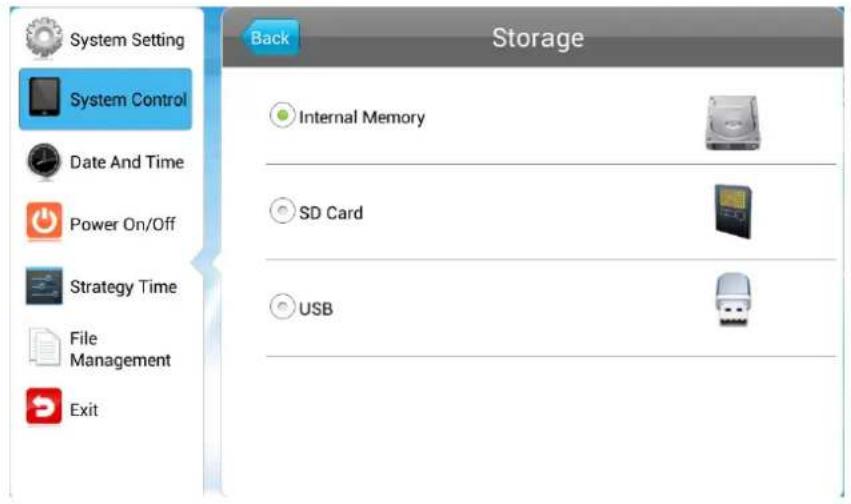 System Setting System Control Date And Time Power On/Off Strategy Time File Management Exit Back Storage Internal Memory SD Card USB