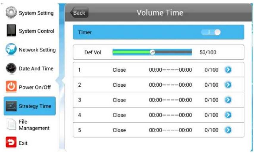 Volume Time System Setting System Control Network Setting Date And Time Power On/Off Strategy Time File Management Exit Back Volume Time Timer Def Vol 50/100 1 Close 00:00----00:00 0/100 > 2 Close 00:00----00:00 0/100 > 3 Close 00:00----00:00 0/100 > 4 Close 00:00----00:00 0/100 > 5 Close 00:00----00:00 0/100 >