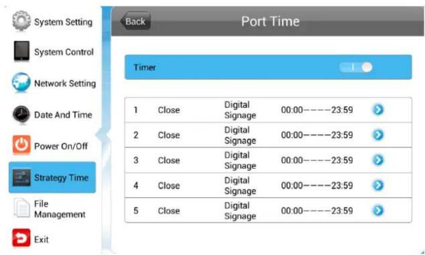 System Setting System Control Network Setting Date And Time Power On/Off Strategy Time File Management Exit Port Time Timer 1 Close Digital Signage 00:00----23:59 > 2 Close Digital Signage 00:00----23:59 > 3 Close Digital Signage 00:00----23:59 > 4 Close Digital Signage 00:00----23:59 > 5 Close Digital Signage 00:00----23:59 >