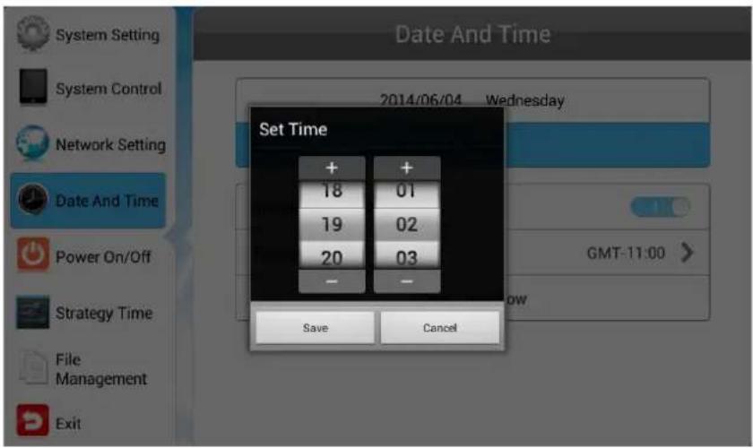 Date And Time 2014/06/04 Wednesday Set Time + + 18 01 19 02 20 03 - Save Cancel GMT-11:00 File Management Exit