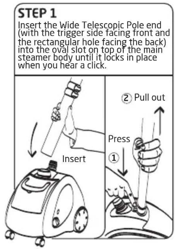 STEP 1 Insert the Wide Telescopic Pole end (with the trigger side facing front and the rectangular hole facing the back) into the oval slot on top of the main steamer body until it locks in place when you hear a click. Insert ② Pull out Press ①