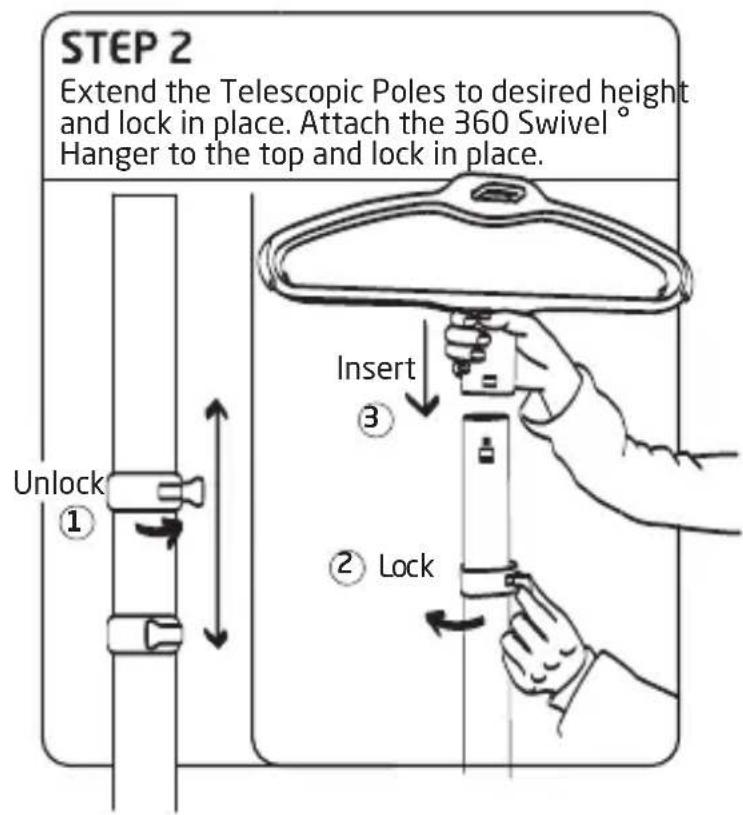 STEP 2 Extend the Telescopic Poles to desired height and lock in place. Attach the 360 Swivel ° Hanger to the top and lock in place. Unlock ① Insert ③ ② Lock