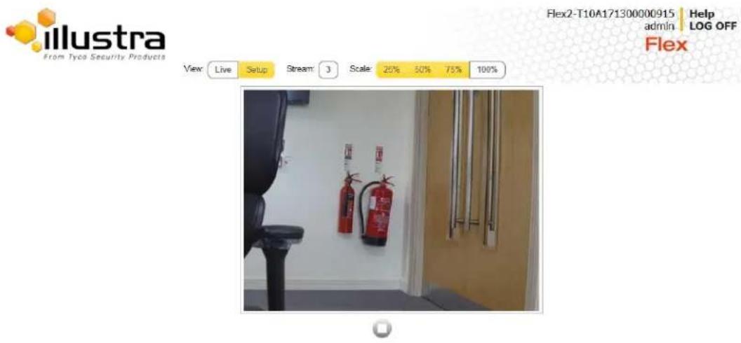 illustra From Tyco Security Products View: Live Setup Stream 3 Scale: 25% 50% 75% 100% Flex2-T10A171300000915 Help admin LOG OFF Flex