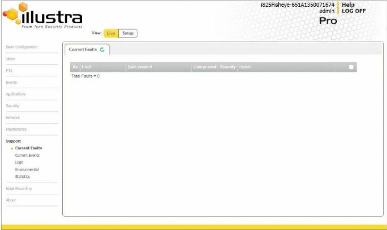 i825Fisheye-651A1350071674 Help admin LOG OFF Pro From Tyso Security Products View: Live Setup Basic Configuration Video PTZ Events Applications Security Network Maintenance Support • Current Faults Current Events Logs Environmental Statistics Edge Recording About Current Faults No Fault Date create…