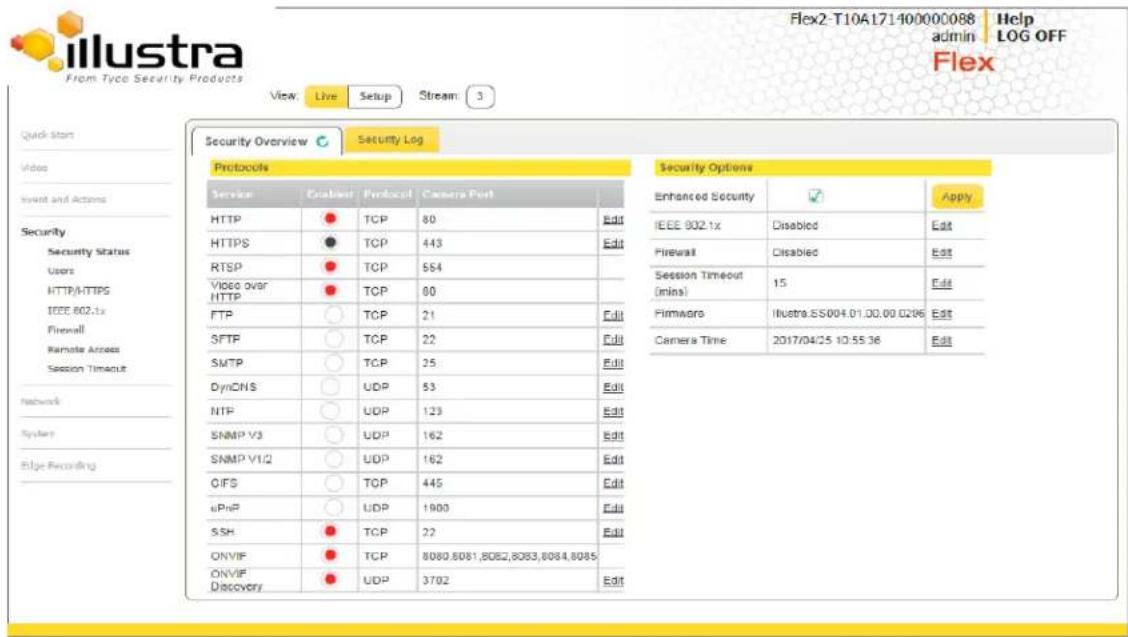 FLEX2-T10A171-400000088 admin | Help LOG OFF Flex View Live Setup Stream 3 Quick Start Video Select and Actions Security Security Status Users HTTP/HTTPG IEEE 802.1x Firewall Remote Access Session Timeout Network System Edge Recording Security Overview Security Log Protocols Service Disabled Protocol Camera Post HTTP TCP 80 Edit HTTPS TCP 443 Edit RTSP TCP 564 Video over HTTP TCP 80 FTP TCP 21 Edit SFTP TCP 22 Edit SMTP TCP 25 Edit DynCNS UDP 53 Edit NTP UDP 123 Edit SNMP V3 UDP 162 Edit SNMP V1/2 UDP 162 Edit QIFS TCP 445 Edit uPnP UDP 1900 Edit SSH TCP 22 Edit ONVIF TCP 8080,8081,8082,8083,8084,8085 ONVIF Discovery UDP 3702 Edit Security Options Enhanced Security ✓ Apply IEEE 802.1x Disabled Edit Firewall Disabled Edit Session Timeout (mins) 15 Edit Firmware Illustra.SS004.01.00.00 Q296 Edit Camera Time 2017/04/25 10:55:36 Edit