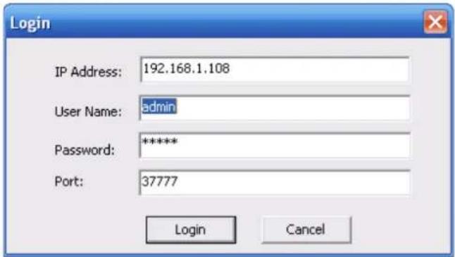 Login IP Address: 192.168.1.108 User Name: admin Password: ***** Port: 37777 Login Cancel