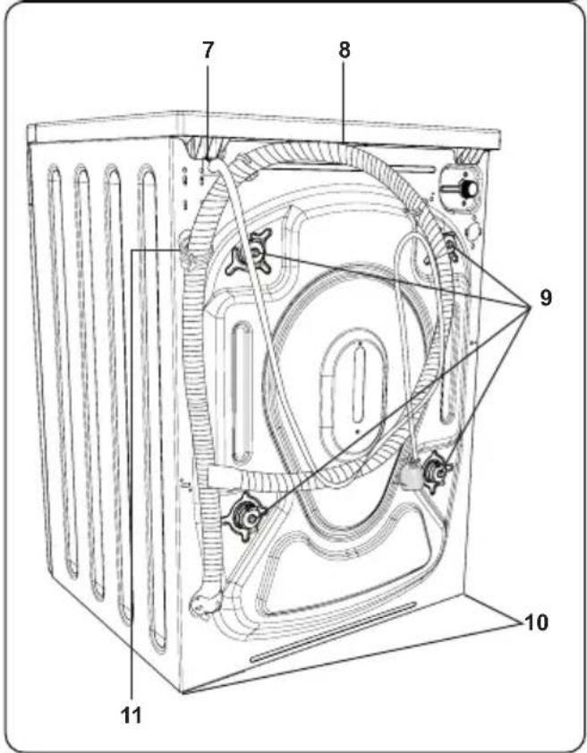 Technical diagram of a refrigerator internal structure with numbered components labeled 7, 8, 9, 10, and 11.