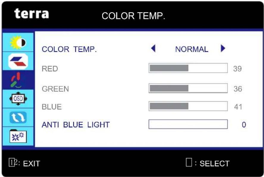 terra COLOR TEMP. COLOR TEMP. NORMAL RED 39 GREEN 36 BLUE 41 ANTI BLUE LIGHT 0 12: EXIT □: SELECT