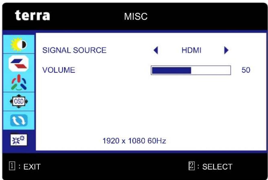 terra MISC SIGNAL SOURCE VOLUME HDMI 50 1920 x 1080 60Hz ① : EXIT ② : SELECT