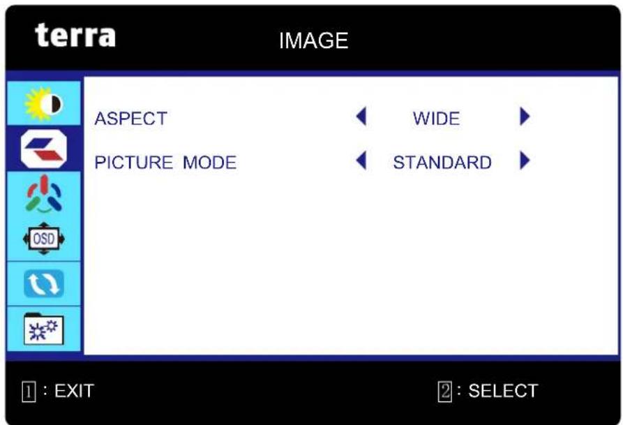 terra IMAGE ASPECT PICTURE MODE WIDE STANDARD 1 : EXIT 2 : SELECT