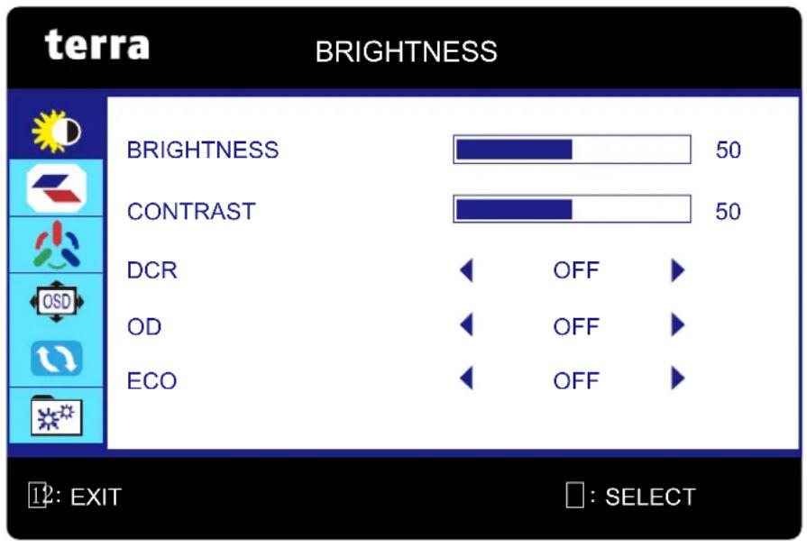 terra BRIGHTNESS BRIGHTNESS 50 CONTRAST 50 DCR OFF OD OFF ECO OFF 12: EXIT □: SELECT