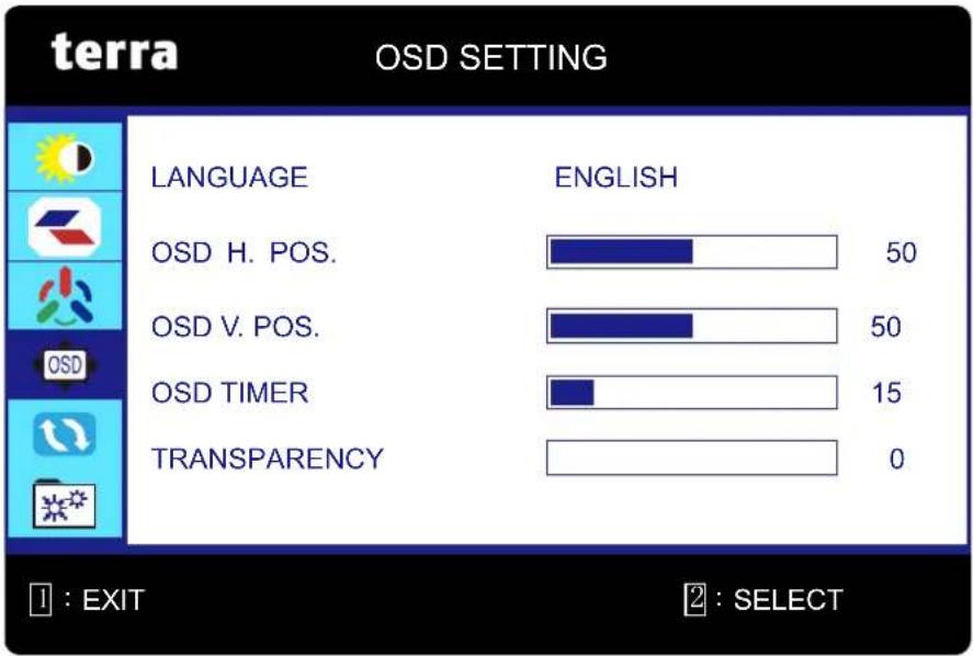 terra OSD SETTING LANGUAGE ENGLISH OSD H. POS. 50 OSD V. POS. 50 OSD TIMER 15 TRANSPARENCY 0 ① : EXIT ② : SELECT
