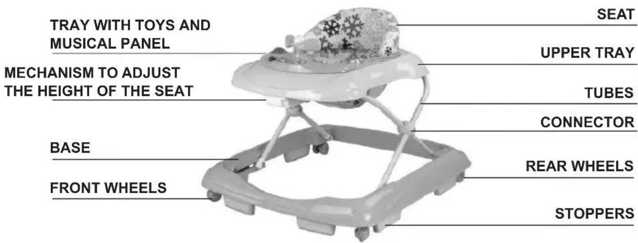 TRAY WITH TOYS AND MUSICAL PANEL MECHANISM TO ADJUST THE HEIGHT OF THE SEAT BASE FRONT WHEELS SEAT UPPER TRAY TUBES CONNECTOR REAR WHEELS STOPPERS