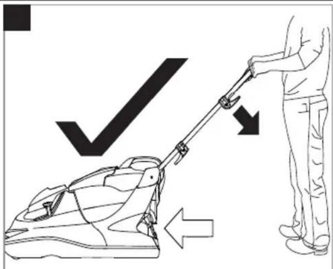 Diagram showing a person using a lawn mower to lift a vehicle, with a checkmark and directional arrow indicating action.