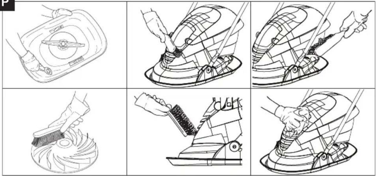 Six-panel line drawing showing cleaning and maintenance steps of a mop, including brush, brush, brush, and brush.