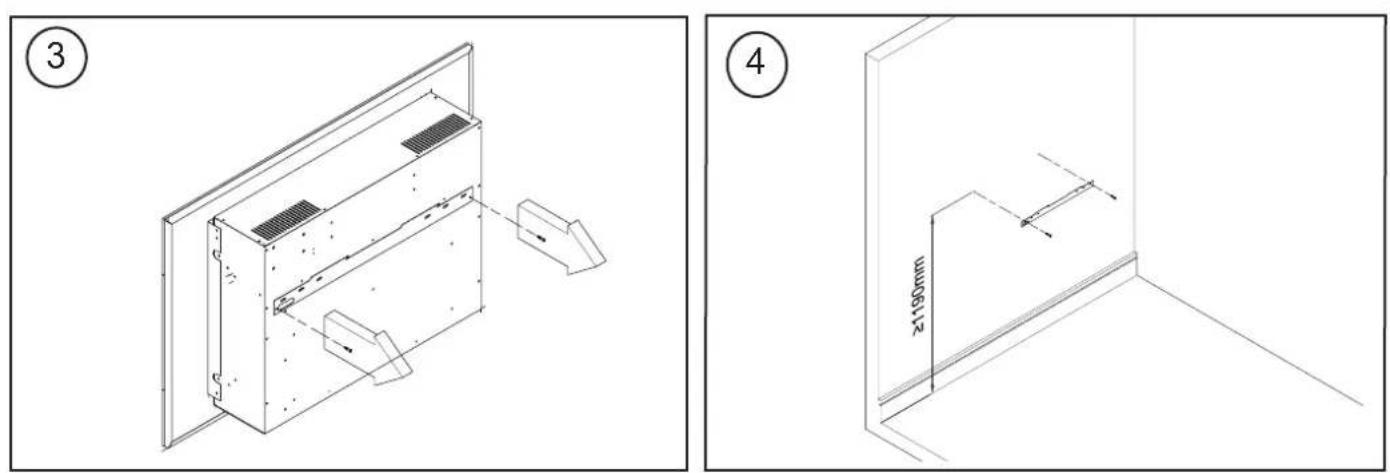 Technical diagram showing two views of a wall-mounted device with labeled components and dimensional annotations