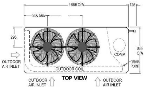 1685 O/A 380 565 295 OUTDOOR AIR INLET COMP 685 O/A DRAIN POINT OUTDOOR COIL TOP VIEW OUTDOOR AIR INLET OUTDOOR AIR INLET