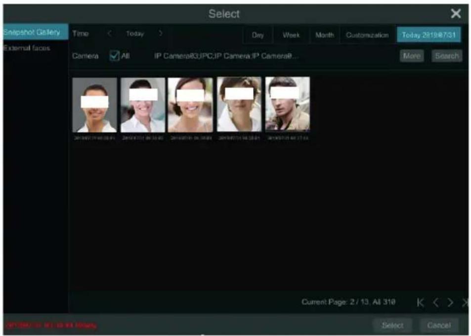 Select Snapshot Gallery Time Today Day Week Month Customization Today 2819/87/31 External faces Camera All IP Camera83,IPC:IP Camera:IP Camera8... More Search Current Page: 2 / 13, All 310 K < > Select Cancel