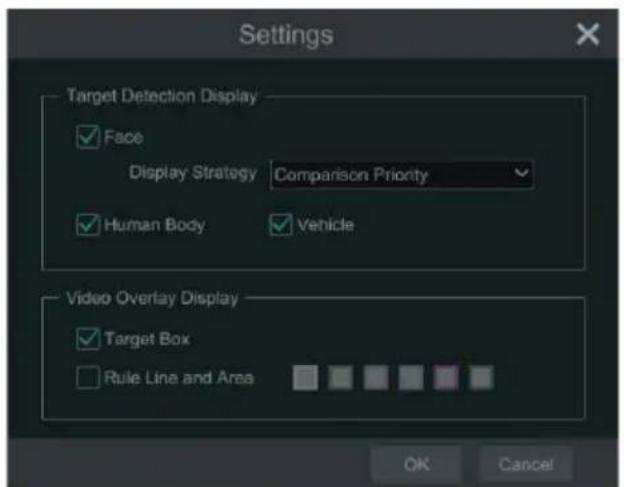 Settings Target Detection Display ✓ Face Display Strategy Comparison Priority ✓ Human Body ✓ Vehicle Video Overlay Display ✓ Target Box ☐ Rule Line and Area OK Cancel