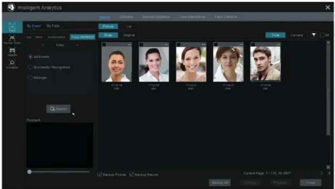 Intelligent Analytics By Event By Face Face Day Views Customization Today POSTCODE True Original Time Camera Human Body Forward Continue Adj Events Successful Recognitions Stranger Search Playback Backup Picture Backup Record Current Page: 1 / 118. All 2077 Backup Art Storage Project Class
