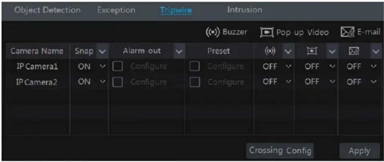 Object Detection Exception Tripwire Intrusion (●) Buzzer Pop-up Video E-mail Camera Name Snap ✓ Alarm out ✓ Preset (●) ✓ □ ✓ □ ✓ IP Camera1 ON ✓ Configure Configure OFF ✓ OFF ✓ OFF ✓ IP Camera2 ON ✓ Configure Configure OFF ✓ OFF ✓ OFF ✓ Crossing Config Apply