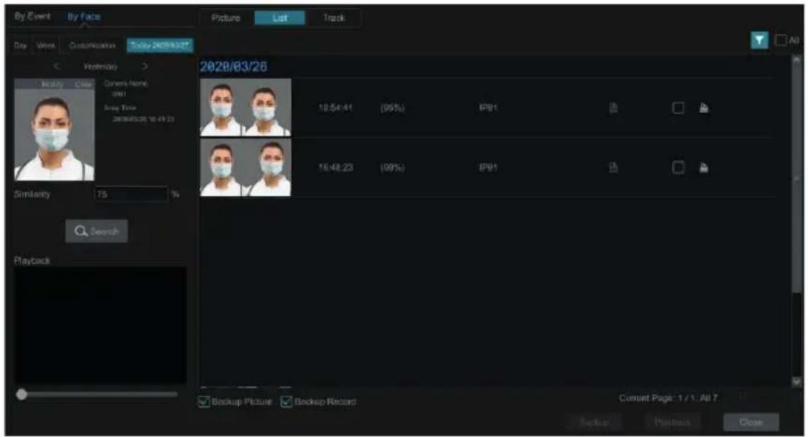 By Event By Face Picture List Track Day Week Customization Today 2028/03/27 Yesterday Modify Close Convers Name: 0961 Snap Time: 2028/03/28 10:49:23 Similarity 75 % Search Playback Backup Picture Backup Record Current Page : 1 / 1. All 7 Backup Record Backup File Back Finish