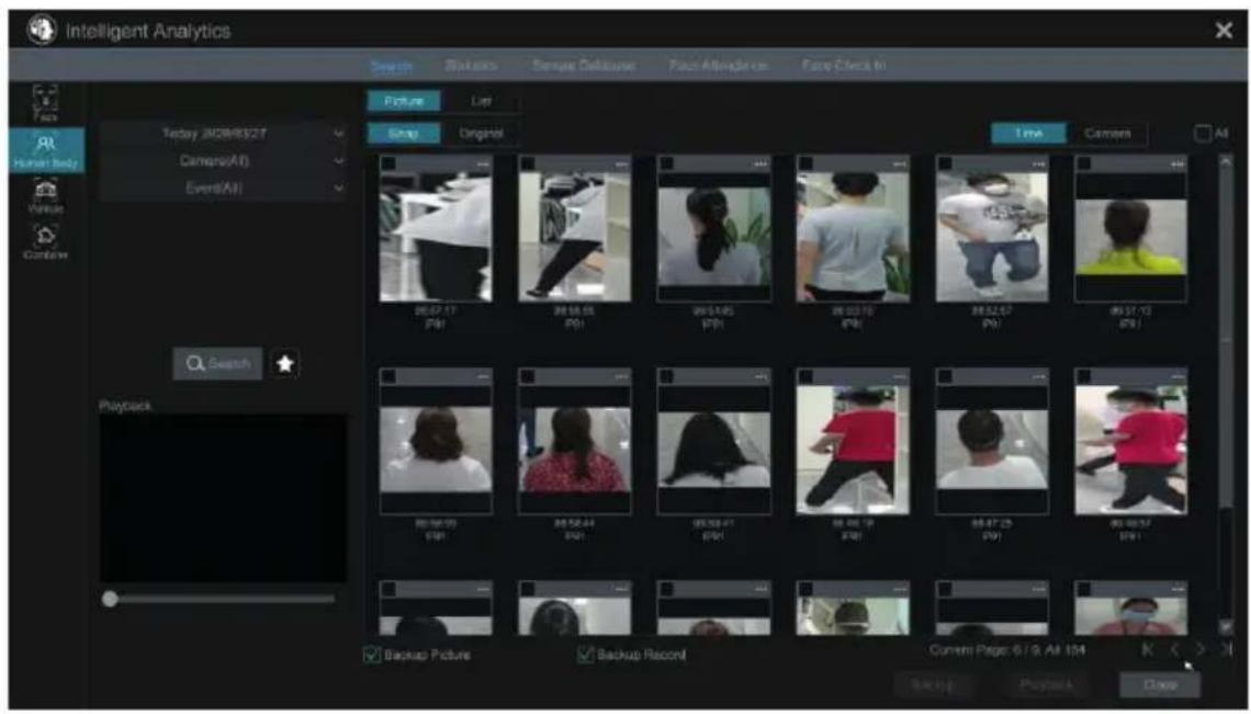 Intelligent Analytics Search Visuals Sense Delecture Face Allings Face Click to Picture List Today 2028/03/27 Camera(AI) Evers(AI) Snap Original Time Camera All Playback Backup Picture Backup Record Current Page: 6 / 9, All 154 BackUp PlayUpA Down