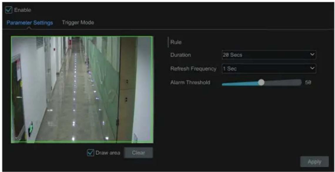 Enable Parameter Settings Trigger Mode Rule Duration 20 Secs Refresh Frequency 1 Sec Alarm Threshold 50 Draw area Clear Apply
