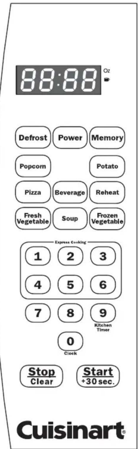 88:88 O2 Defrost Power Memory Popcorn Potato Pizza Beverage Reheat Fresh Vegetable Soup Frozen Vegetable Express Cooking 1 2 3 4 5 6 7 8 9 0 Clock Stop Start Clear +30 sec. Cuisinart®