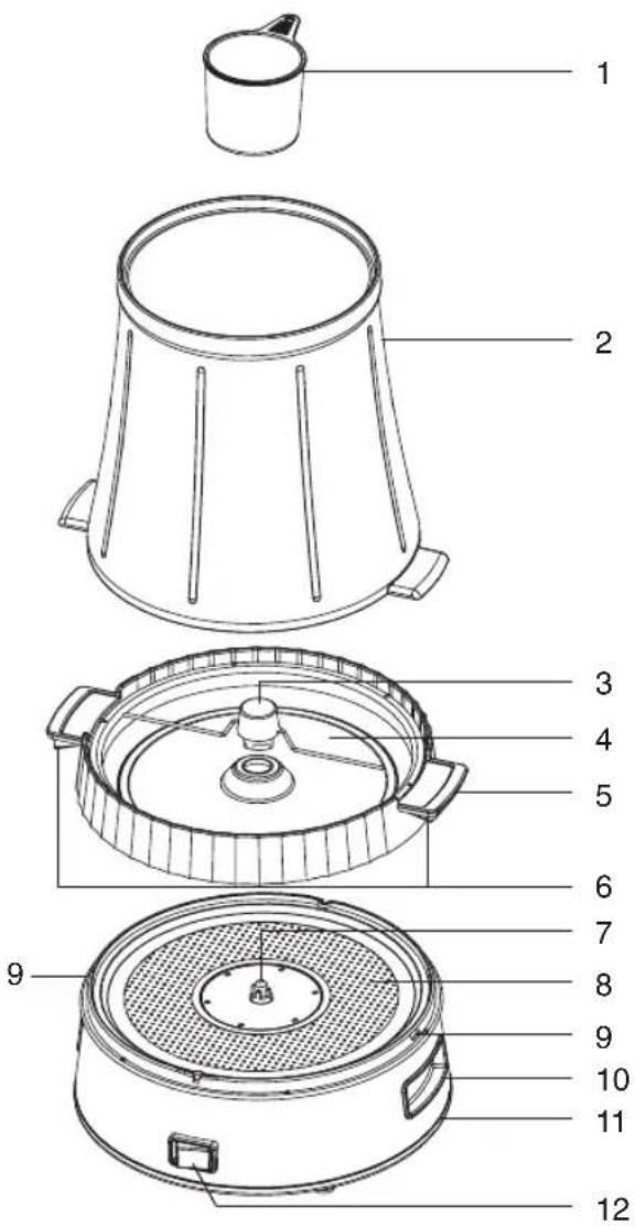 Technical diagram of a portable air purifier with numbered parts for identification
