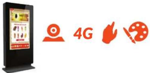Image showing a mobile kiosk with app interface and three red 4G icons: a camera, a hand, and a paintbrush.