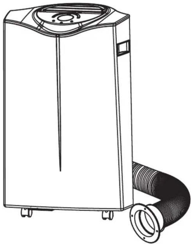 Line drawing of a portable air purifier with coiled hose and ventilation slots (no text or symbols)