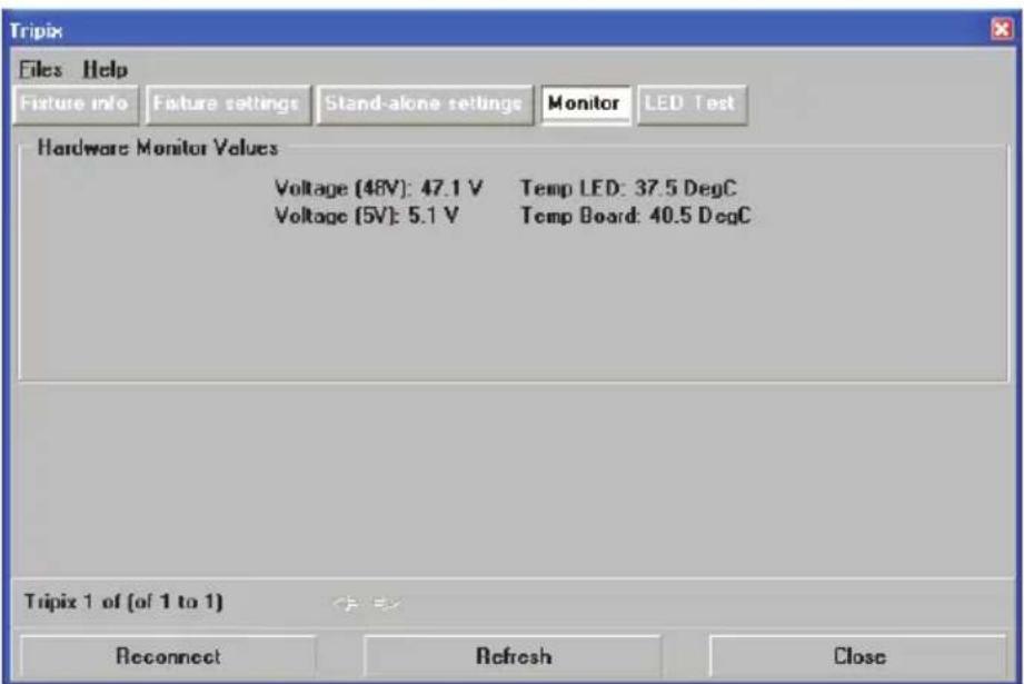 Tripix Files Help Fixture info Fixture settings Stand-alone settings Monitor LED Test Hardware Monitor Values Voltage (48V): 47.1 V Temp LED: 37.5 DegC Voltage (5V): 5.1 V Temp Board: 40.5 DegC Tripix 1 of (of 1 to 1) Reconnect Refresh Close
