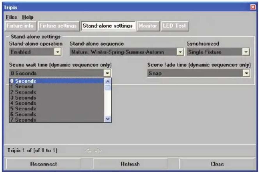 Tripix Files Help Fixture info Fixture settings Stand-alone settings Monitor LED Test Stand-alone settings Stand-alone operation Stand-alone sequence Synchronized Enabled Nature. Winter-Spring-Summer-Autumn Single Fixture Scene wait time (dynamic sequences only) Scene fade time (dynamic sequences only) 0 Seconds Snap 0 Seconds 1 Second 2 Seconds 3 Seconds 4 Seconds 5 Seconds 6 Seconds 7 Seconds Tripix 1 of (of 1 to 1) Reconnect Refresh Close