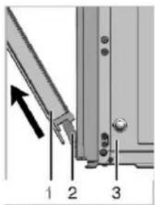 Technical diagram showing a mechanical assembly with numbered components and an arrow indicating direction