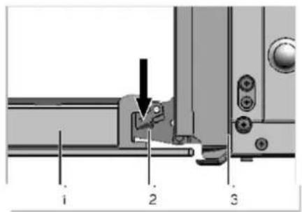 Technical diagram showing a mechanical assembly with labeled parts 1, 2, and 3, including a directional arrow indicating movement.