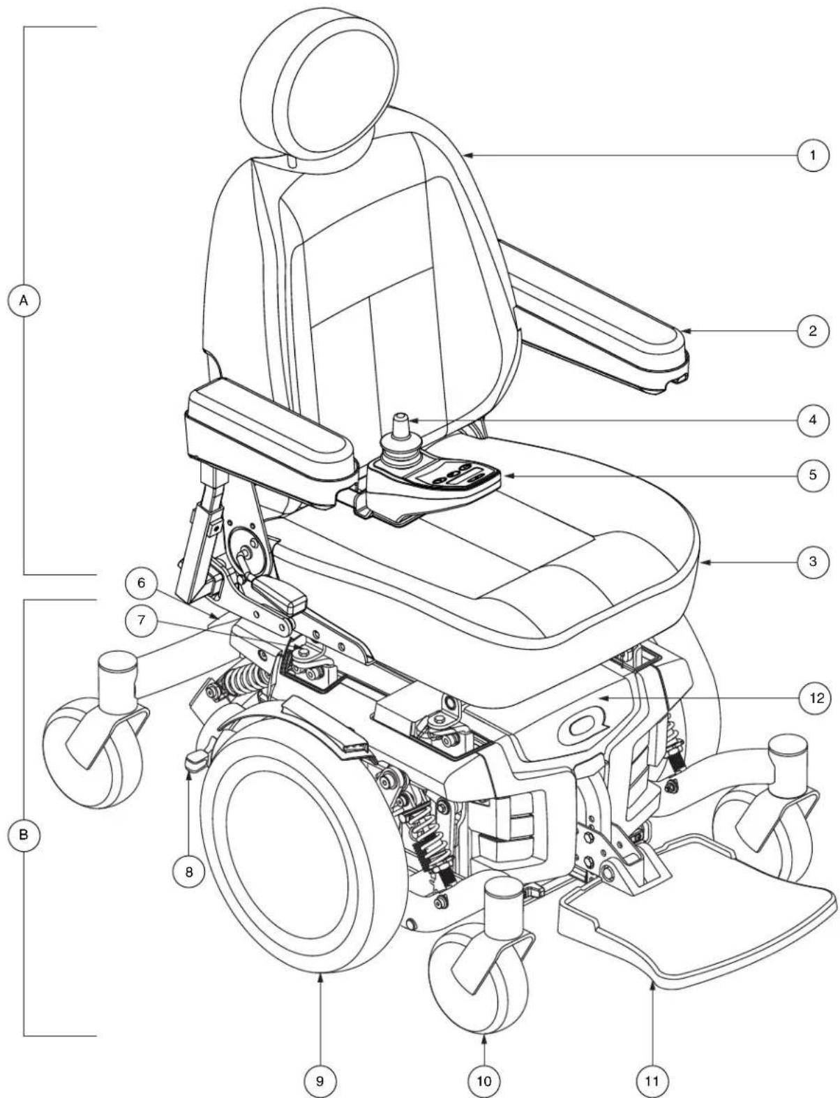 Technical diagram of a wheelchair with numbered parts for identification and assembly reference.