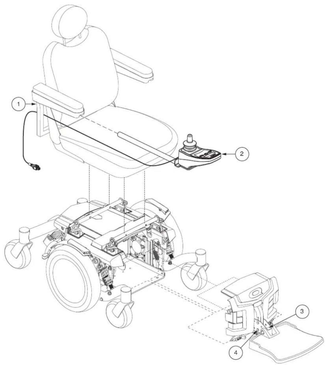 Technical diagram of a wheelchair with labeled components including motor, steering wheel, and control unit