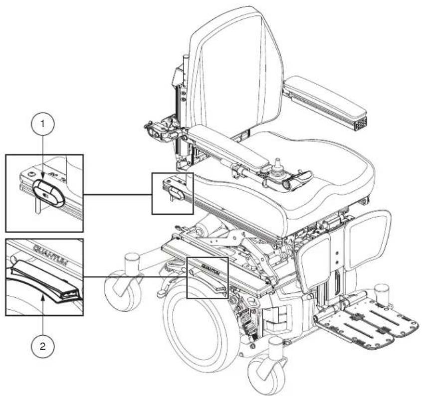 Technical diagram of a wheelchair with labeled components and exploded views, including a 3D model and internal parts.