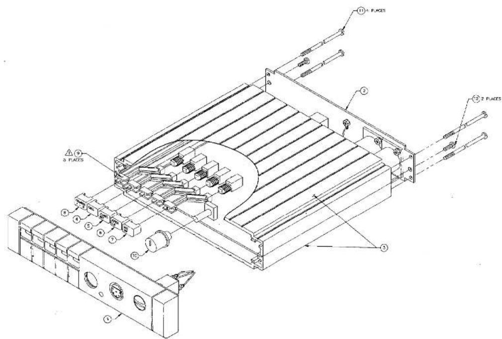Technical diagram of an electronic device with labeled components and safety warning indicators