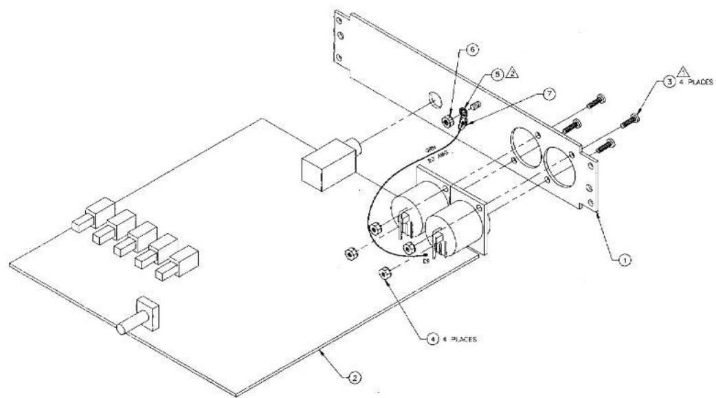 Technical diagram of a mechanical assembly with numbered components and labeled parts, including 4 places and 50 mm depth.