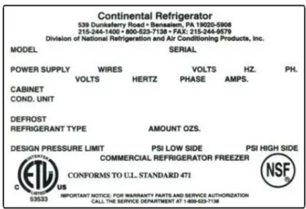 Continental Refrigerator 539 Dunkaferry Road • Bensalem, PA 19020-5908 215-244-1400 • 800-523-7138 • FAX: 215-244-9579 Division of National Refrigeration and Air Conditioning Products, Inc. MODEL SERIAL POWER SUPPLY WIRES VOLTS HZ.PH. VOLTS HERTZ PHASE AMPS. CABINET COND. UNIT DEFROST REFRIGERANT TY…