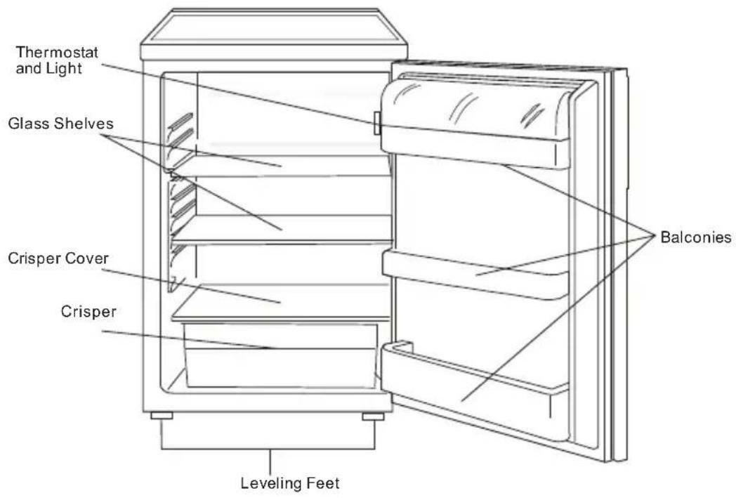 Thermostat and Light Glass Shelves Crisper Cover Crisper Leveling Feet Balconies