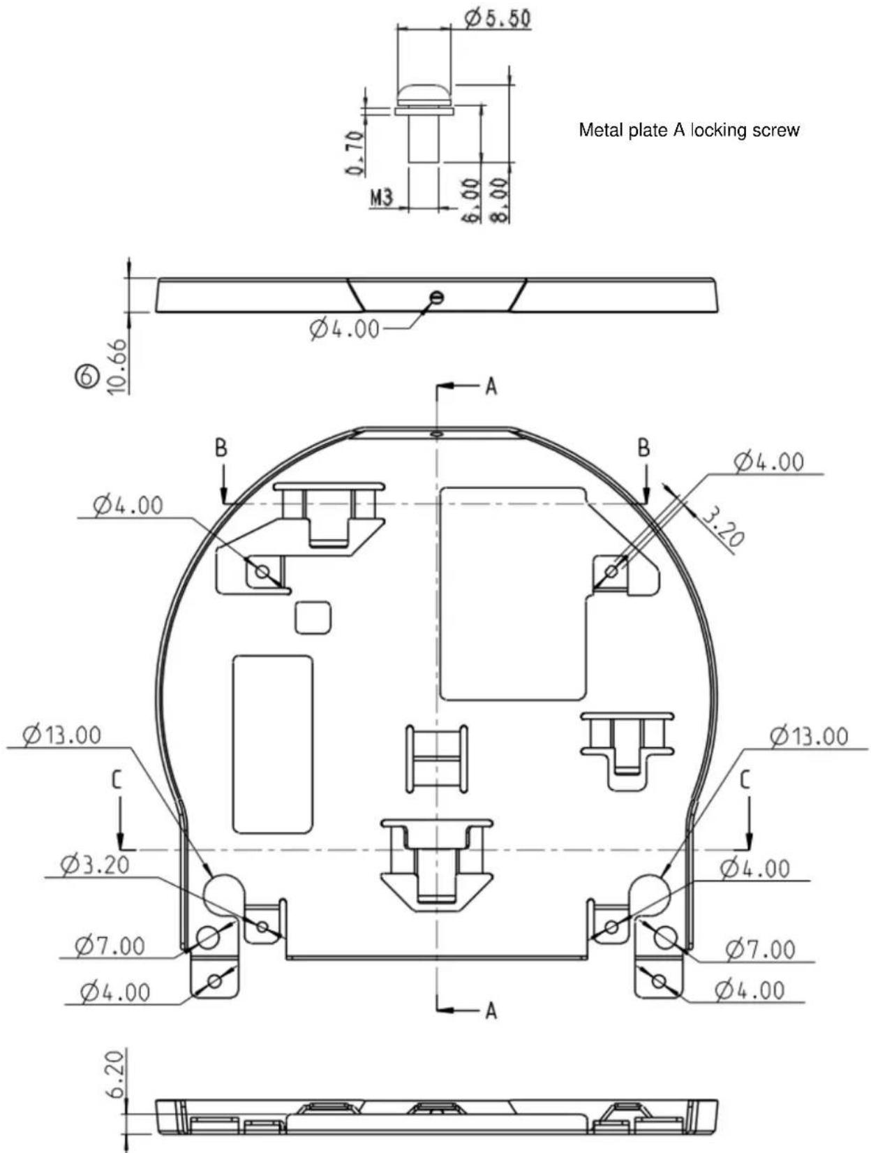 Metal plate A locking screw Ø5.50 Ø7.70 M3 6.00 8.00 Ø4.00 ⑥ 10.66 Ø4.00 A B B Ø4.00 3.20 Ø13.00 C Ø3.20 Ø7.00 Ø4.00 A Ø13.00 C Ø4.00 Ø7.00 Ø4.00 6.20
