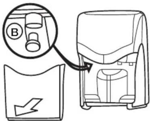 Diagram showing a device with labeled parts and an arrow indicating direction, including a magnified inset of two ports.